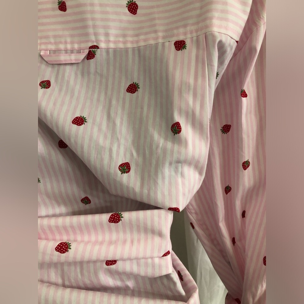 Nine West pink white striped strawberry button down menswear shirt size large - Picture 5 of 16